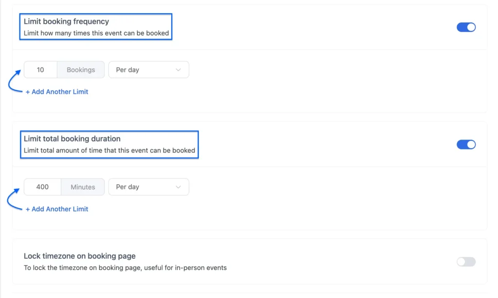 limit booking frequency, total booking duration, or lock timezone for your round robin appointments in fluentbooking